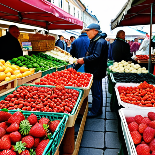 Home 15 ** A bustling local Czech market scene. Focus on vibrant colours of fresh produce, especially red strawberries. Include vendors interacting with customers. The overall feel should be lively and authentic, showcasing the local culture.
**