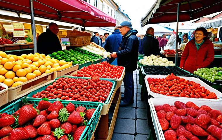 ** A bustling local Czech market scene. Focus on vibrant colours of fresh produce, especially red strawberries. Include vendors interacting with customers. The overall feel should be lively and authentic, showcasing the local culture.

**