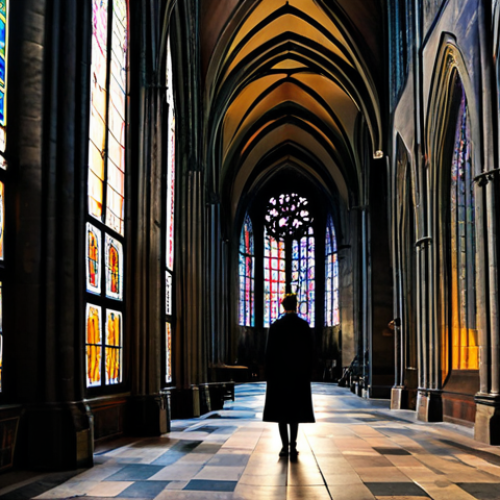 Home 14 A contemplative individual in professional, modest business casual attire, standing inside the majestic St. Vitus Cathedral in Prague Castle. The scene is bathed in soft, filtered light, emphasizing the breathtaking, vibrant stained-glass windows, including elements reminiscent of Alphonse Mucha's Art Nouveau style. Colorful patterns are cast across the ancient stone pillars and intricate Gothic architecture. The image highlights the immense scale and artistic grandeur of the cathedral's interior, with high vaulted ceilings disappearing into the shadows. fully clothed, modest clothing, appropriate attire, safe for work, perfect anatomy, correct proportions, natural pose, well-formed hands, proper finger count, natural body proportions, professional photography, high quality, family-friendly, appropriate content.