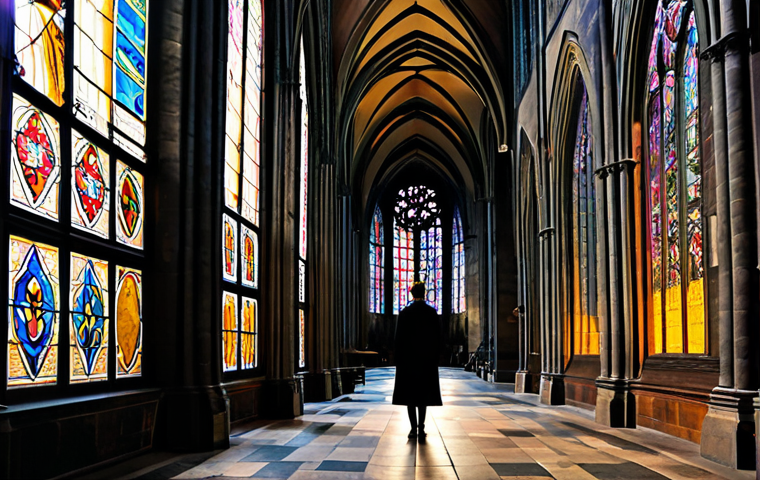 A contemplative individual in professional, modest business casual attire, standing inside the majestic St. Vitus Cathedral in Prague Castle. The scene is bathed in soft, filtered light, emphasizing the breathtaking, vibrant stained-glass windows, including elements reminiscent of Alphonse Mucha's Art Nouveau style. Colorful patterns are cast across the ancient stone pillars and intricate Gothic architecture. The image highlights the immense scale and artistic grandeur of the cathedral's interior, with high vaulted ceilings disappearing into the shadows. fully clothed, modest clothing, appropriate attire, safe for work, perfect anatomy, correct proportions, natural pose, well-formed hands, proper finger count, natural body proportions, professional photography, high quality, family-friendly, appropriate content.