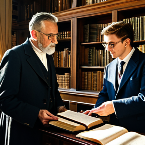Home 7 A professional Czech scholar and a British historian, both fully clothed in modest, professional attire, are standing in an elegant, sunlit library that subtly blends elements of Prague's historic architecture with classic British scholarly design. They are engaged in a calm, intellectual discussion, pointing gently at an open antique book on a large wooden table. The scene is depicted with perfect anatomy, correct proportions, and natural poses, emphasizing well-formed hands and proper finger count. The lighting is soft and natural, enhancing the texture of the old books and wooden furniture. This image is safe for work, appropriate content, and family-friendly, rendered with professional photography and high quality.