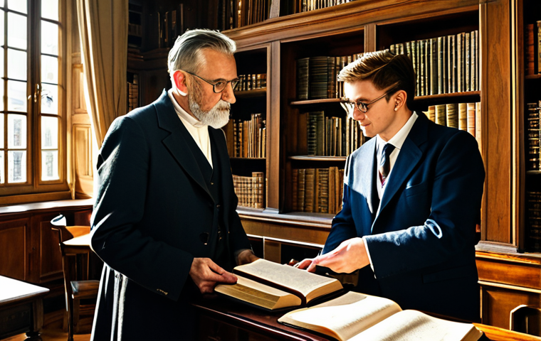 A professional Czech scholar and a British historian, both fully clothed in modest, professional attire, are standing in an elegant, sunlit library that subtly blends elements of Prague's historic architecture with classic British scholarly design. They are engaged in a calm, intellectual discussion, pointing gently at an open antique book on a large wooden table. The scene is depicted with perfect anatomy, correct proportions, and natural poses, emphasizing well-formed hands and proper finger count. The lighting is soft and natural, enhancing the texture of the old books and wooden furniture. This image is safe for work, appropriate content, and family-friendly, rendered with professional photography and high quality.